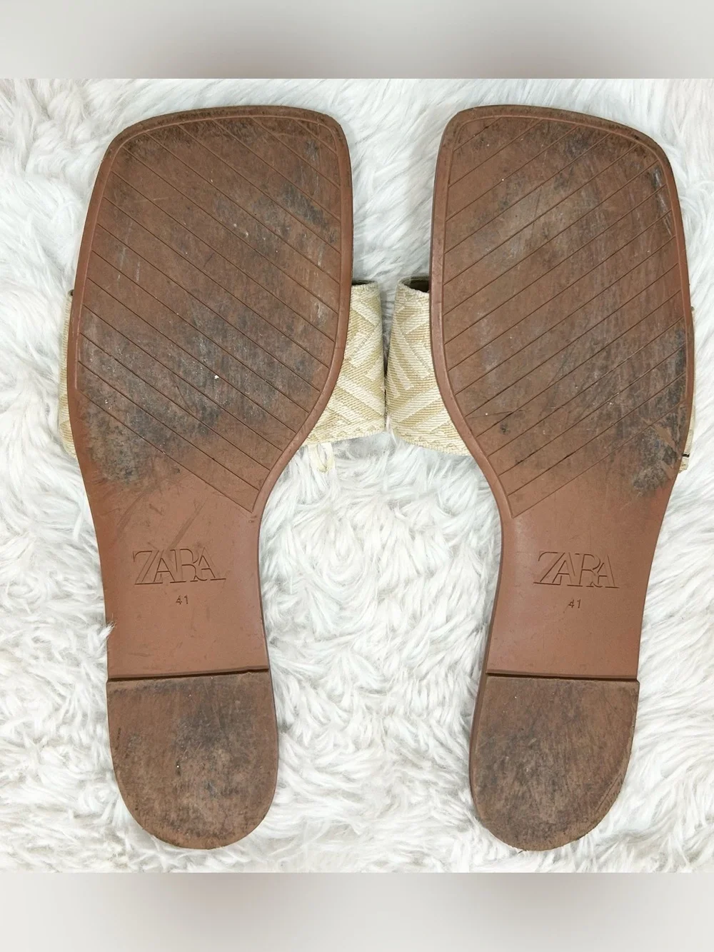 Zara Women’s Flat Sandals Slides Shoes Beige Fabric Size 10 / 41 Square Toe - Picture 6 of 6